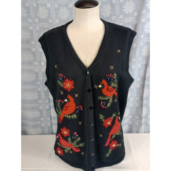 Kim Rogers Sweaters - KIM ROGERS CARDINAL CHRISTMAS VEST WOMENS LARGE EMBROIDERED AND BEADED SLEEVELES
